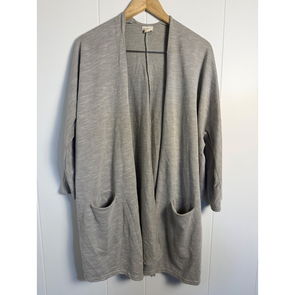 Coastal DONNI‎ Cardigan OSFA Gray Striped Open Front Longline Lagenlook